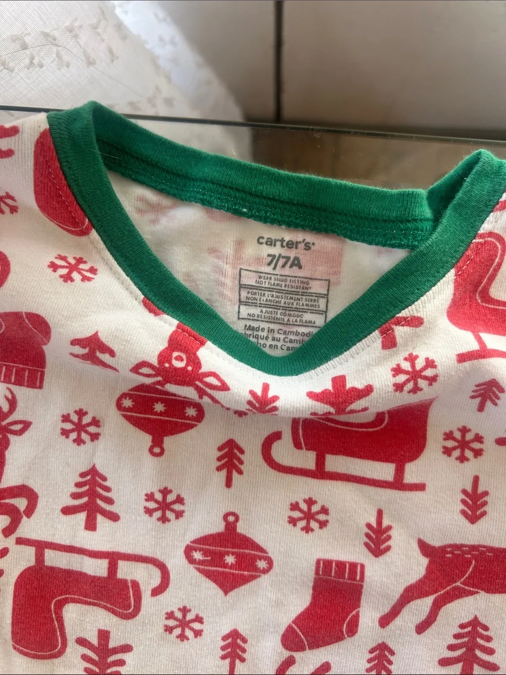 Carter's Red & White Reindeer Holiday Pajama Set with Green Trim kids 7/7A